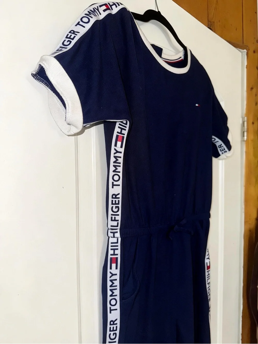 Tommy Hilfiger Navy Short-Sleeve Logo-Trim Jumpsuit